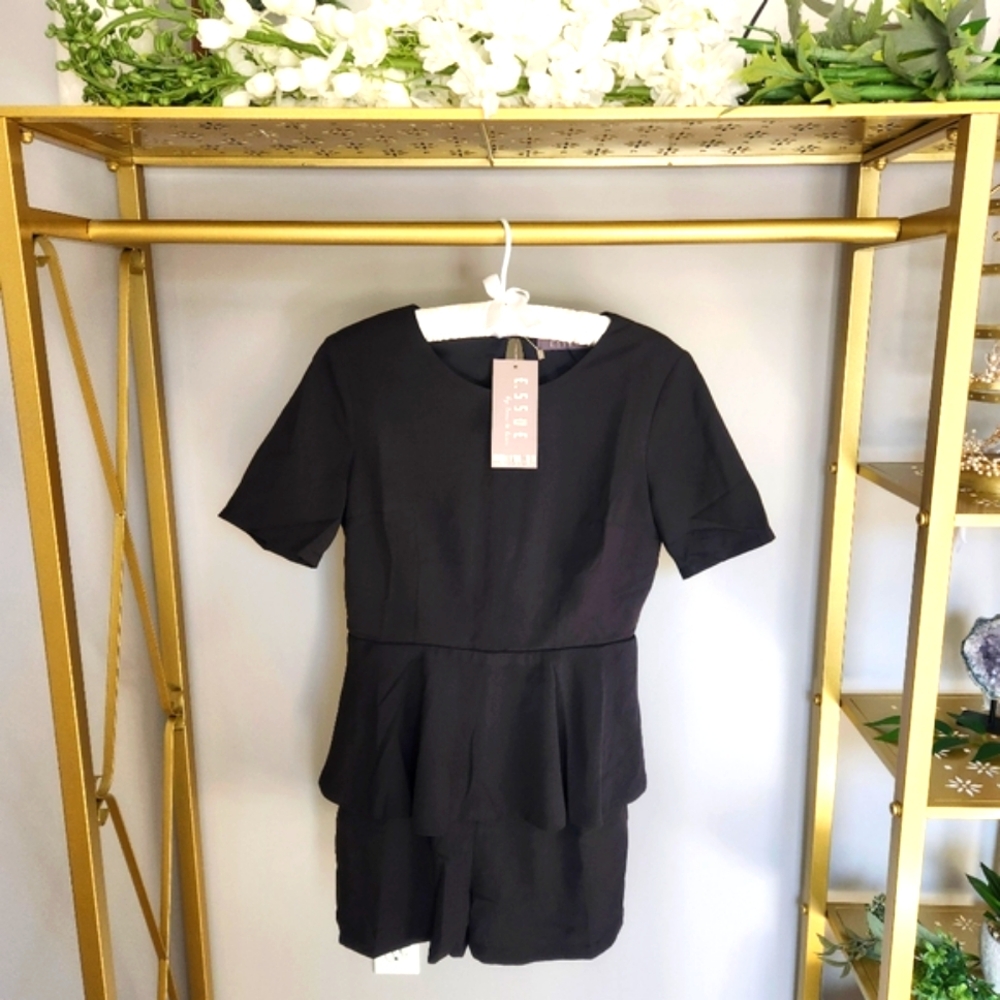 Romper - NWT dressy black short sleeve open back & zipper peplum shorts